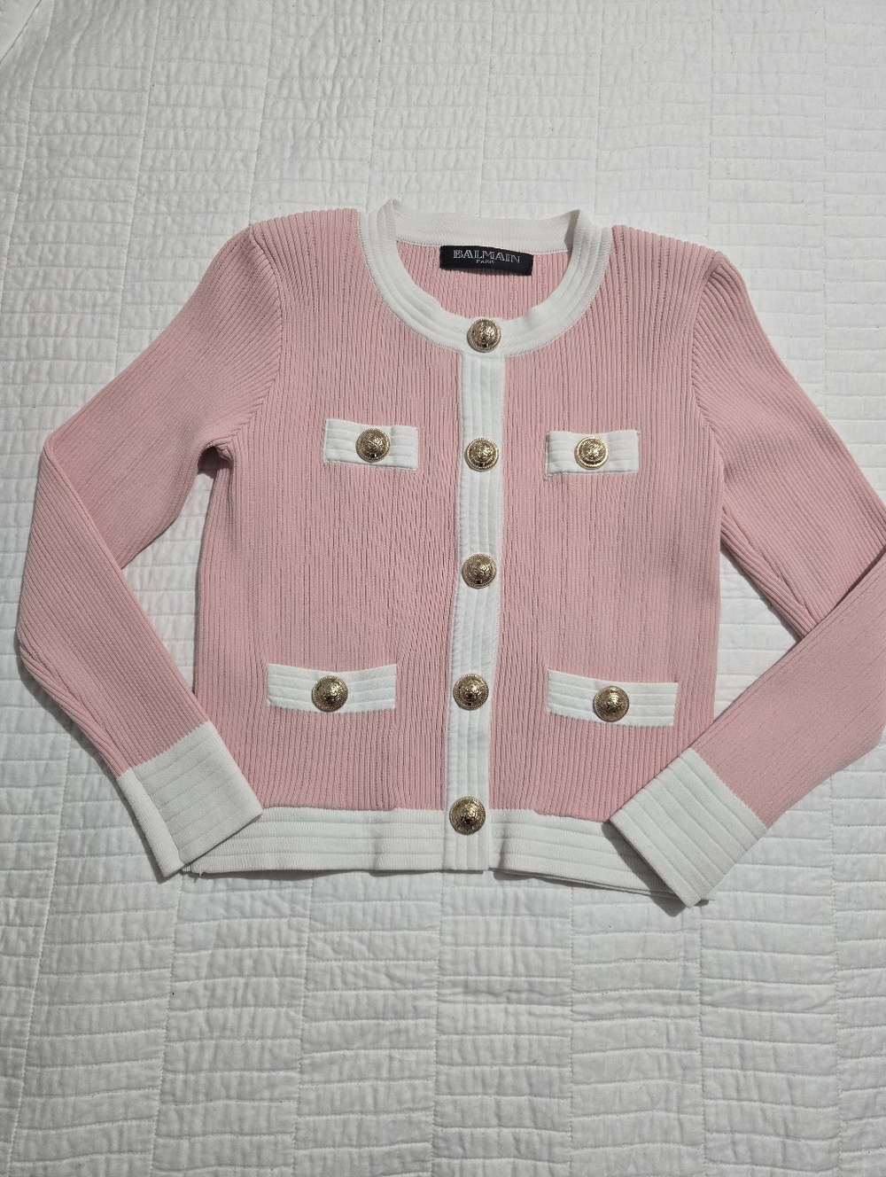 Balmain Pink Knit Cardigan with White Trim and Gold Buttons - Picture 3 of 11